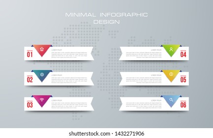 Infographic template with 6 options, workflow, process chart,Timeline infographics design vector can be used for workflow layout, diagram, annual report, web design, steps or processes. - Vector