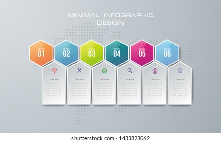 Infographic template with 6 options, workflow, process chart,Timeline infographics design vector can be used for workflow layout, diagram, annual report, web design, steps or processes. - Vector