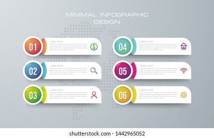 Infographic template with 6 options, workflow, process chart,Timeline infographics design vector can be used for workflow layout, diagram, annual report, web design, steps or processes. - Vector