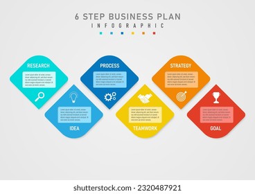 infographic template 6 step business plan to growth rounded triangle multi color square frame in the center with icons letters in the corners gray gradient background design for marketing, product