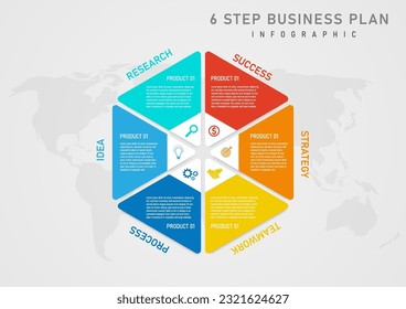 infographic template 6 step business plan success hexagon segmented multicolored white lettering inner icon world map background on gray gradient background design for marketing, product, project