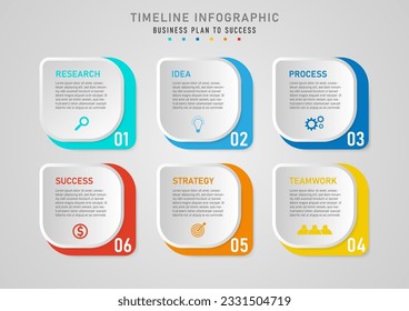 infographic template 6 step business plan for success multi colored rounded rectangle top gray button There is a letter and an icon in the middle. numbers in the bottom corner gray gradient background