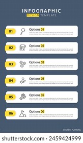 Plantilla infográfica. Recorrido de la línea de tiempo de 6 pasos, Plantilla de diseño de infografías simples planas. Concepto de negocio con números 6 opciones o pasos de Ilustración vectorial.	