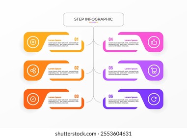 Infographic template. 6 Step timeline journey, Flat simple infographics design template. Presentation graph. Business concept with icon 6 options or steps. Background vector illustration.
