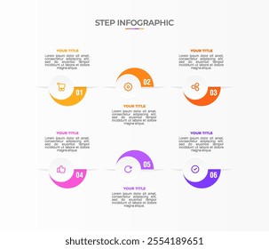 Infographic template. 6 Step timeline journey, Flat simple infographics design template. Presentation graph. Business concept with icon 6 options or steps. Background vector illustration.