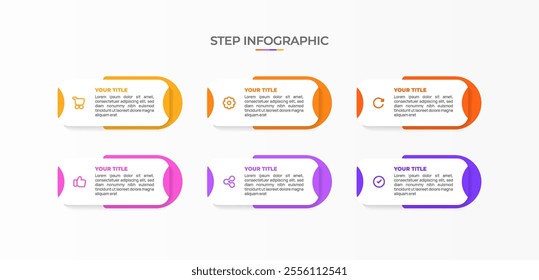 Infographic template. 6 Step timeline journey, Flat simple infographics design template. Presentation graph. Business concept with icon 6 options or steps. Background vector illustration.