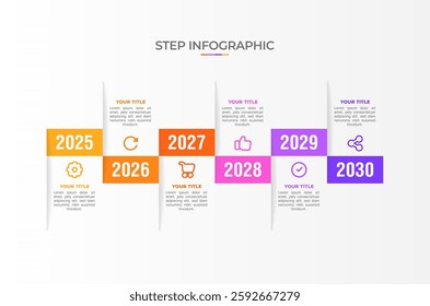 Infographic template. 6 Step timeline journey, Flat simple infographics design template. Presentation graph. Business concept with icon 6 options or steps. Background vector illustration.