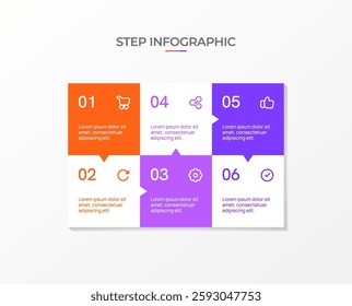 Infographic template. 6 Step timeline journey, Flat simple infographics design template. Presentation graph. Business concept with icon 6 options or steps. Background vector illustration.