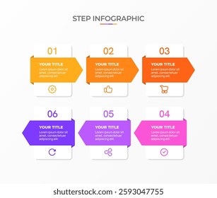 Infographic template. 6 Step timeline journey, Flat simple infographics design template. Presentation graph. Business concept with icon 6 options or steps. Background vector illustration.