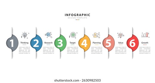 Infographic template. 6 Step timeline journey, Flat simple infographics design template. presentation graph. Business concept with numbers 6 options or steps vector illustration.