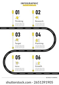 Infographic template. 6 Step timeline journey. Process diagram, 6 options on white background, Infograph elements, business, education, modern vector illustration
