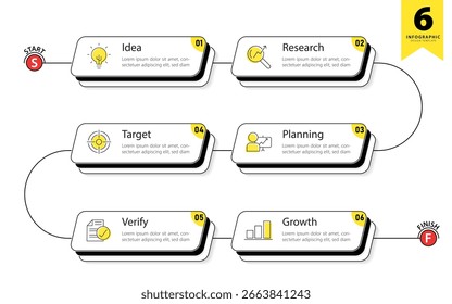 Infographic template. 6 Step timeline journey, Flat simple infographics design template. presentation graph. Business concept with numbers 6 options or steps vector illustration.