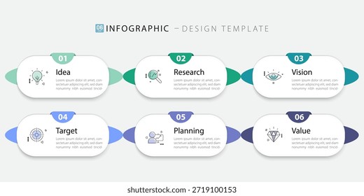 Plantilla infográfica. Viaje de la línea de tiempo de 6 pasos, Plantilla de diseño de infografías simples planas. Concepto de negocio con números 6 opciones o pasos de Ilustración vectorial.