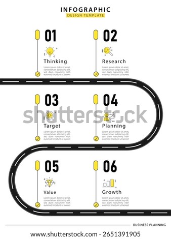 Infographic template. 6 Step timeline journey. Process diagram, 6 options on white background, Infograph elements, business, education, modern vector illustration