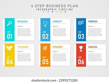 infographic template 6 steps business plan to success white squares letters on the right The multi-colored square bar on the left has a white icon above it. Below are numbers gray gradient background