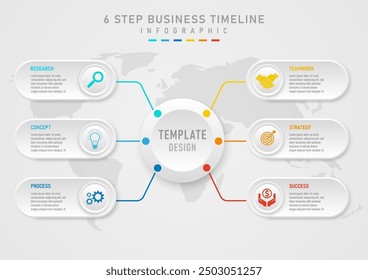 infographic template 6 steps to business planning for success. The left and right gray square buttons have text on top and the gray button with an icon in the middle below has a map.