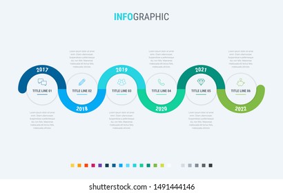Plantilla de infografía. Diseño de círculo de 6 pasos con colores hermosos. Elementos de escala de tiempo de vectores para las presentaciones.