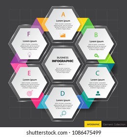 Infographic template 6 steps, Hexagon infographics. Can be used for workflow layout, diagram, website, corporate report, advertising, marketing. vector illustration.