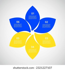 Infographic template with 6 steps, options, parts or processes. Yellow and blue colors. Ukraine flag.