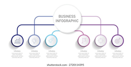  infographic template with 6 steps or options. Label circles for content, flowchart, diagram, steps, infographics, chart, workflow layout illustration. Vector