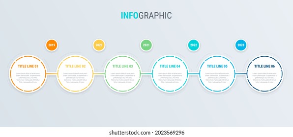Plantilla de infografía. 6 escalones de diseño redondeado con hermosos colores. Elementos de la línea de tiempo de vectores para las presentaciones.