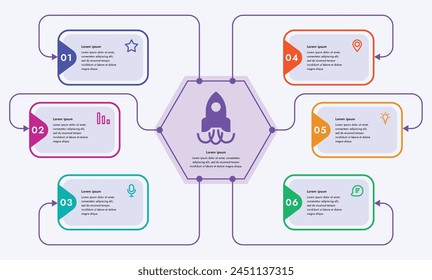 Plantilla infográfica. 6 pasos que están relacionados entre sí. Puede utilizar la Plantilla para mostrar los pasos en formato electrónico o imprimible.