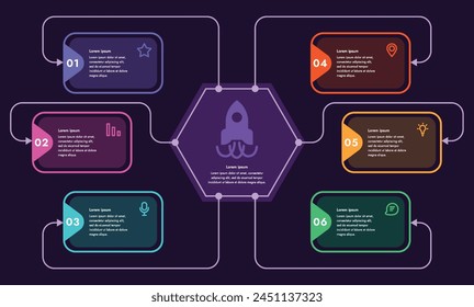 Plantilla infográfica. 6 pasos que están relacionados entre sí. Puede utilizar la Plantilla para mostrar los pasos en formato electrónico o imprimible.