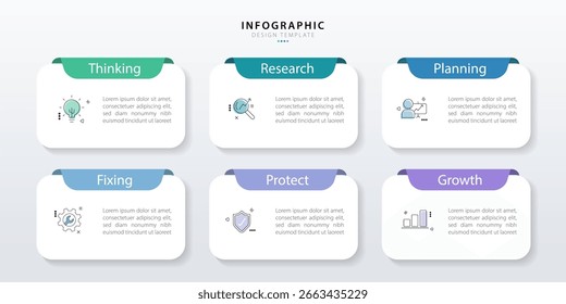 Infographic template. 6 steps timeline journey. Process diagram, 6 options on white background, Infograph elements, technology, education, modern, business, vector illustration.