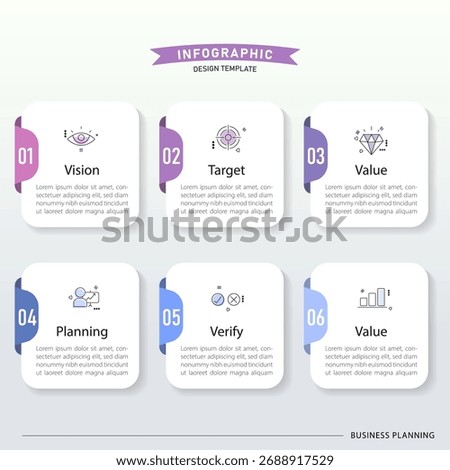 Infographic template. 6 steps timeline journey. Process diagram, 6 options on white background, Infograph elements, technology, education, modern, business, vector illustration.