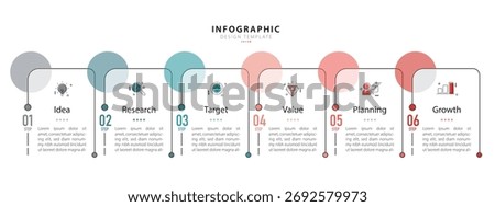 Infographic template. 6 steps timeline journey. Process diagram, 6 options on white background, Infograph elements, technology, education, modern, business, vector illustration.