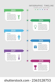 Plantilla infográfica Círculo vertical de la línea de tiempo de 6 años con línea central En los lados izquierdo y derecho hay cuadrados blancos con letras cuadradas multicolor y agudo, encima de las cuales hay números.