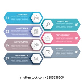 Infographic template with 7 hexagons with line icons, process chart, creative business infographics, vector eps10 illustration