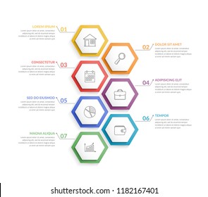 Infographic template with 7 hexagons with line icons, process chart, vector eps10 illustration