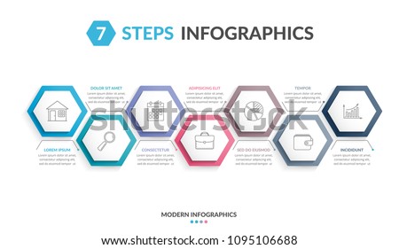 Infographic template with 7 hexagons with line icons, process chart, vector eps10 illustration