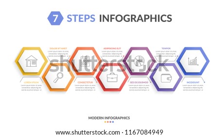 Infographic template with 7 hexagons with line icons, process chart, vector eps10 illustration
