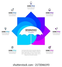 Plantilla de infografía con 7 opciones o pasos. Paraguas. Se puede utilizar para diseño de flujo de trabajo, diagrama, banner, diseño web. Ilustración del vector