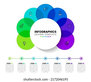 Infographic template with 7 options or steps. Circle. Can be used for workflow layout, diagram, banner, webdesign. Vector illustration