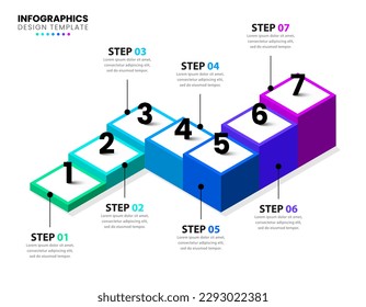 Infografische Vorlage mit 7 Optionen oder Schritten. Isometrische Treppe. Kann für Workflow-Layout, Diagramm, Banner, Webdesign verwendet werden. Vektorgrafik