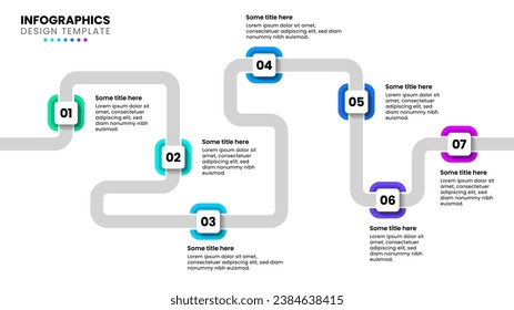 Infographic template with 7 options or steps. A zigzag line. Can be used for workflow layout, diagram, webdesign. Vector illustration