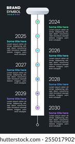 Modelo infográfico com 7 opções ou etapas. Linha do tempo vertical. Pode ser usado para layout de fluxo de trabalho, diagrama, banner, webdesign. Ilustração vetorial