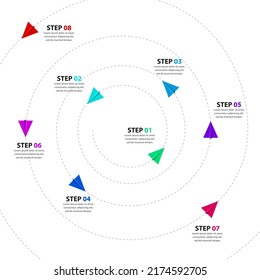 Infographic template with 8 options or steps. Spiral. Can be used for workflow layout, diagram, banner, webdesign. Vector illustration