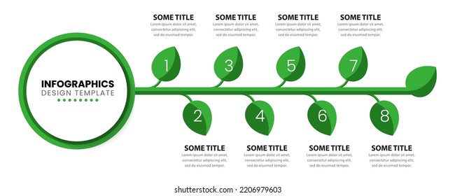 Infografische Vorlage mit 8 Optionen oder Schritten. Grüne Zeitachse. Kann für Workflow-Layout, Diagramm, Banner, Webdesign verwendet werden. Vektorgrafik