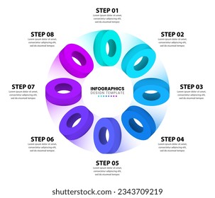 Infografische Vorlage mit 8 Optionen oder Schritten. Ringe um den Kreis. Kann für Workflow-Layout, Diagramm, Banner, Webdesign verwendet werden. Vektorgrafik
