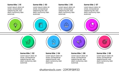 Plantilla de infografía con 8 opciones o pasos. Línea con círculos. Se puede utilizar para diseño de flujo de trabajo, diagrama, banner, diseño web. Ilustración del vector