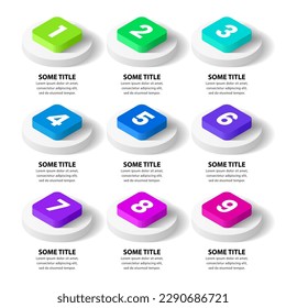 Infographic template with 9 options or steps. Isometric squares. Can be used for workflow layout, diagram, banner, webdesign. Vector illustration