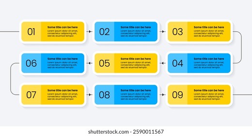 Infographic template with 9 options or steps. Line. Can be used for workflow layout, diagram, banner, webdesign. Vector illustration