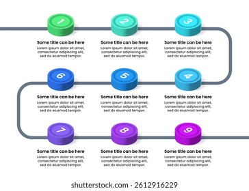 Infographic template with 9 options or steps. Line. Can be used for workflow layout, diagram, banner, webdesign. Vector illustration