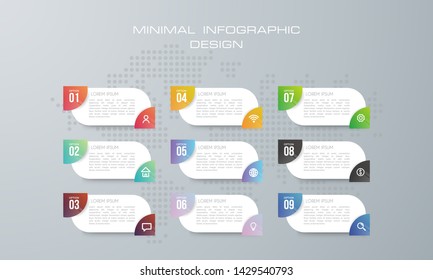 Infographic template with 9 options, workflow, process chart,Timeline infographics design vector can be used for workflow layout, diagram, annual report, web design, steps or processes. - Vector