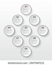 Infographic template with 9 steps, options, parts or processes.