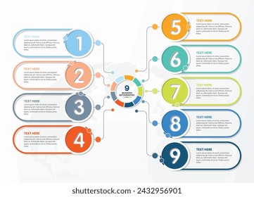 Plantilla de infografía con 9 pasos, proceso u opciones, diagrama de proceso, Utilizado para diagrama de proceso, presentaciones, diseño de flujo de trabajo, diagrama de flujo, infografía. Ilustración del vector eps10.